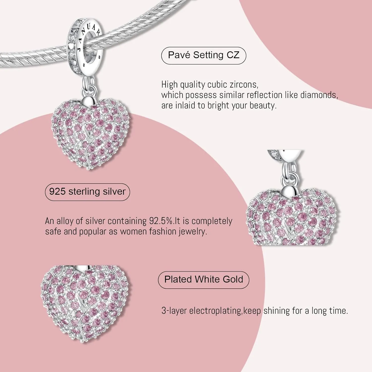Annmors Birthstone Charms for Bracelet 925 Sterling Silver Charms fit Bracelet Necklace Dangle with 5A Cubic Zirconia Christmas Valentine Mother's Day Gift for Women