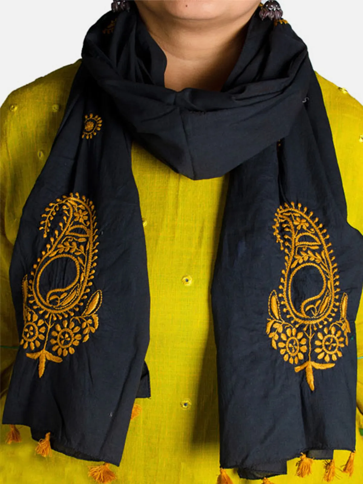 Chikankari Embroidered Cotton Stole Black
