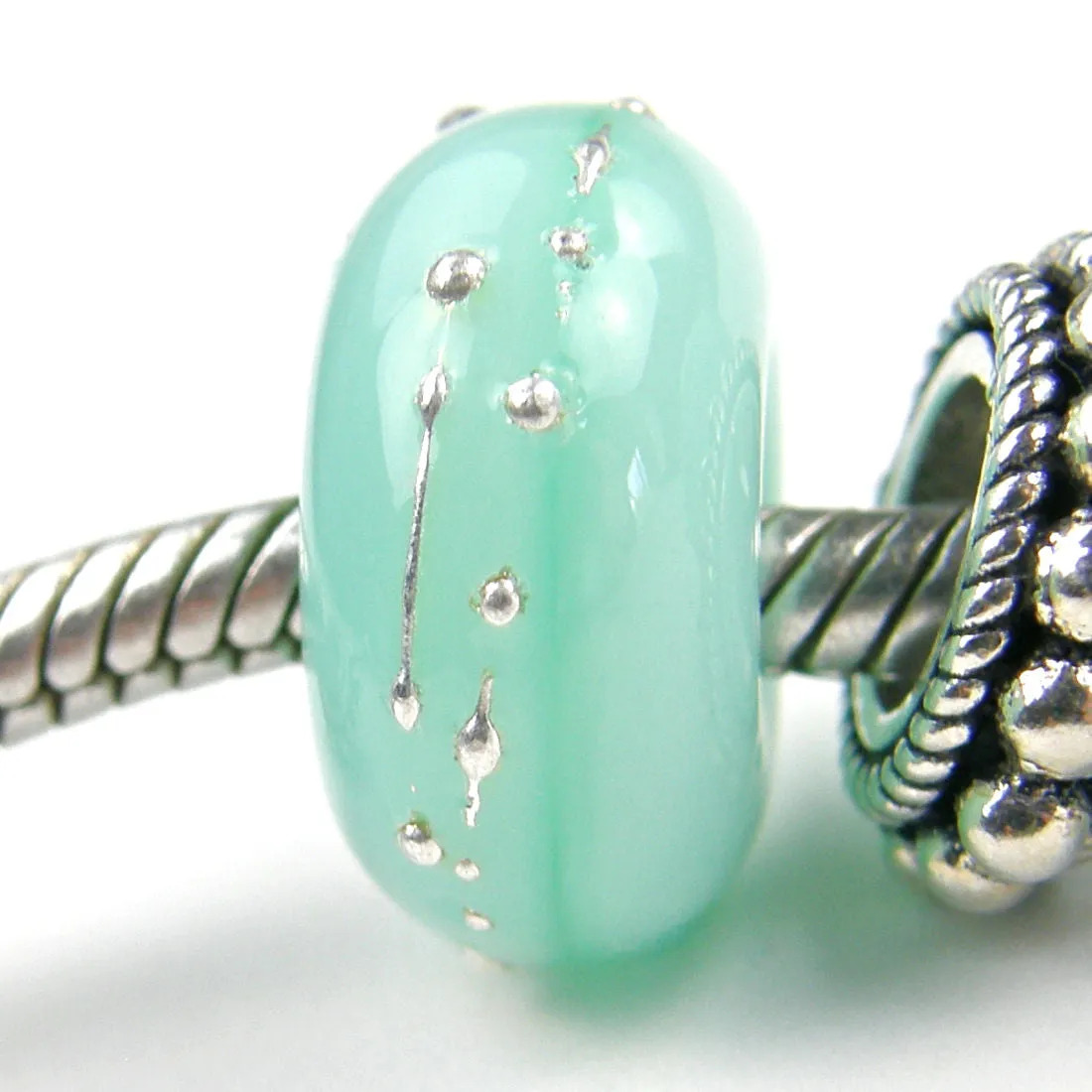 Handmade Large Hole Lampwork Beads, Glass Charms Mint Green Kryptonite Silver