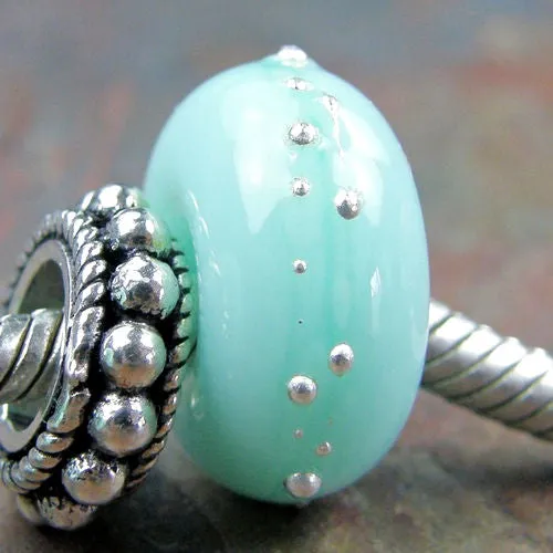 Handmade Large Hole Lampwork Beads, Glass Charms Mint Green Kryptonite Silver