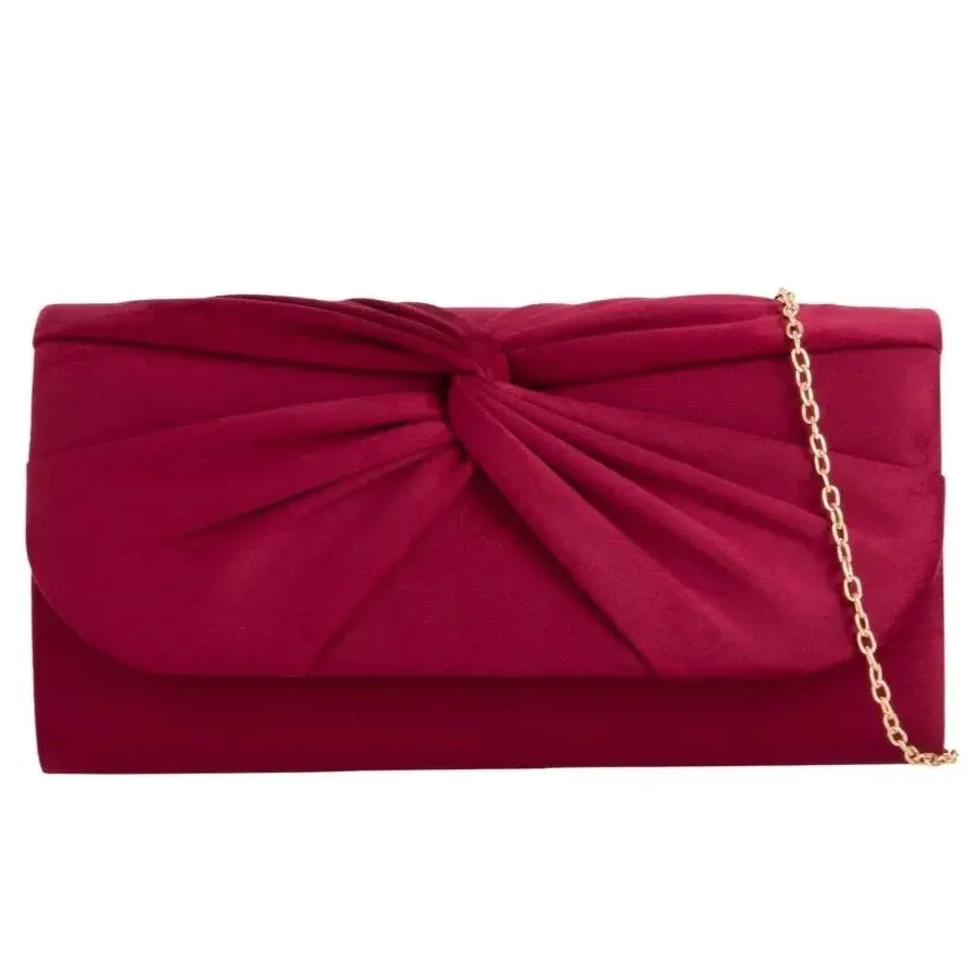 Koko Burgundy Red Faux Suede Knot Detail Clutch Bag