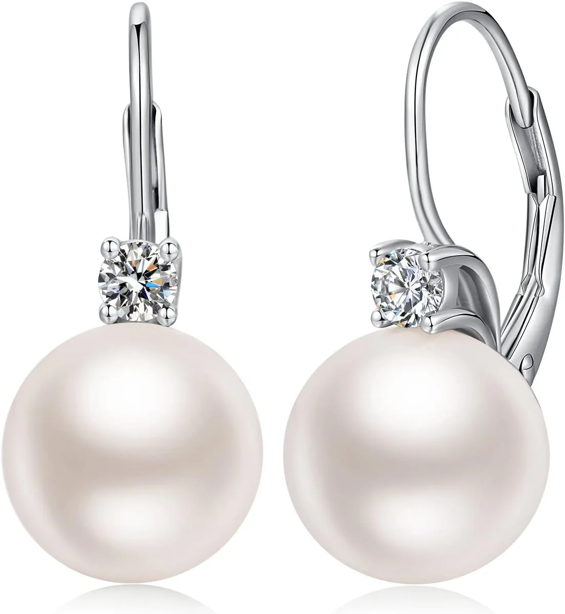 Pearl Dangle Drop Earrings for Women 925 Sterling Silver Pearl Leverback Earrings Cubic Zirconia Pearl Dangling Earrings 10MM