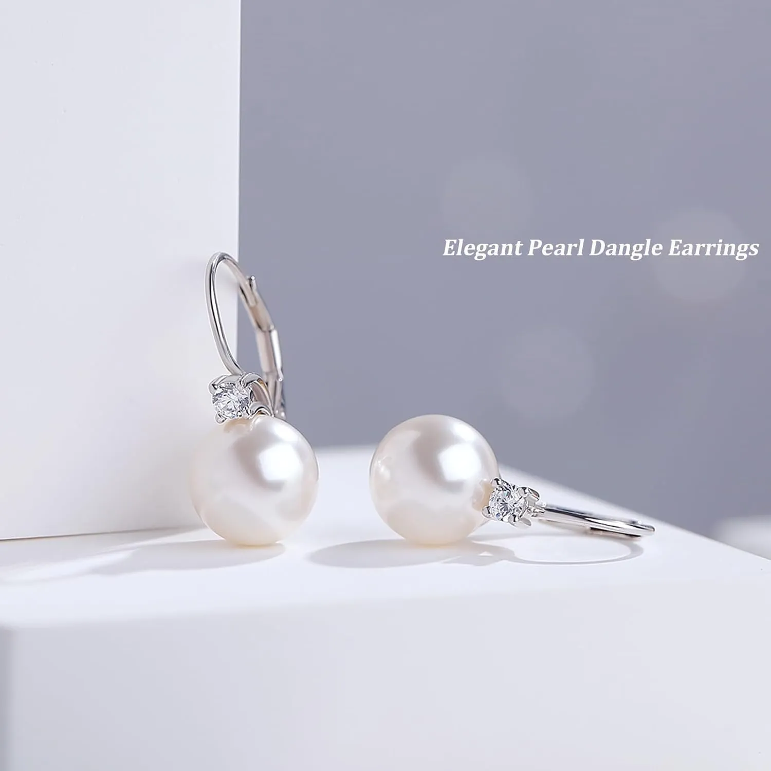 Pearl Dangle Drop Earrings for Women 925 Sterling Silver Pearl Leverback Earrings Cubic Zirconia Pearl Dangling Earrings 10MM