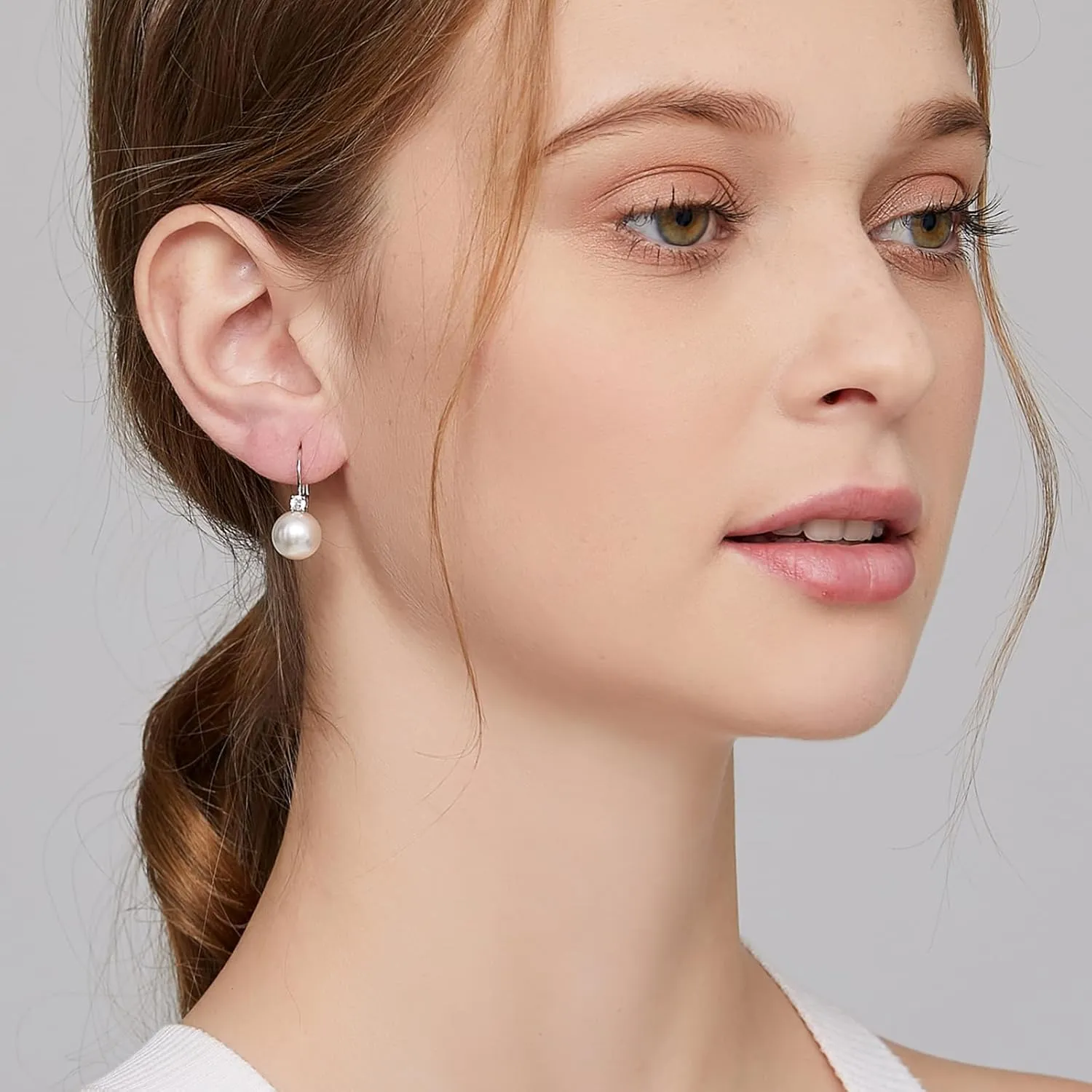 Pearl Dangle Drop Earrings for Women 925 Sterling Silver Pearl Leverback Earrings Cubic Zirconia Pearl Dangling Earrings 10MM