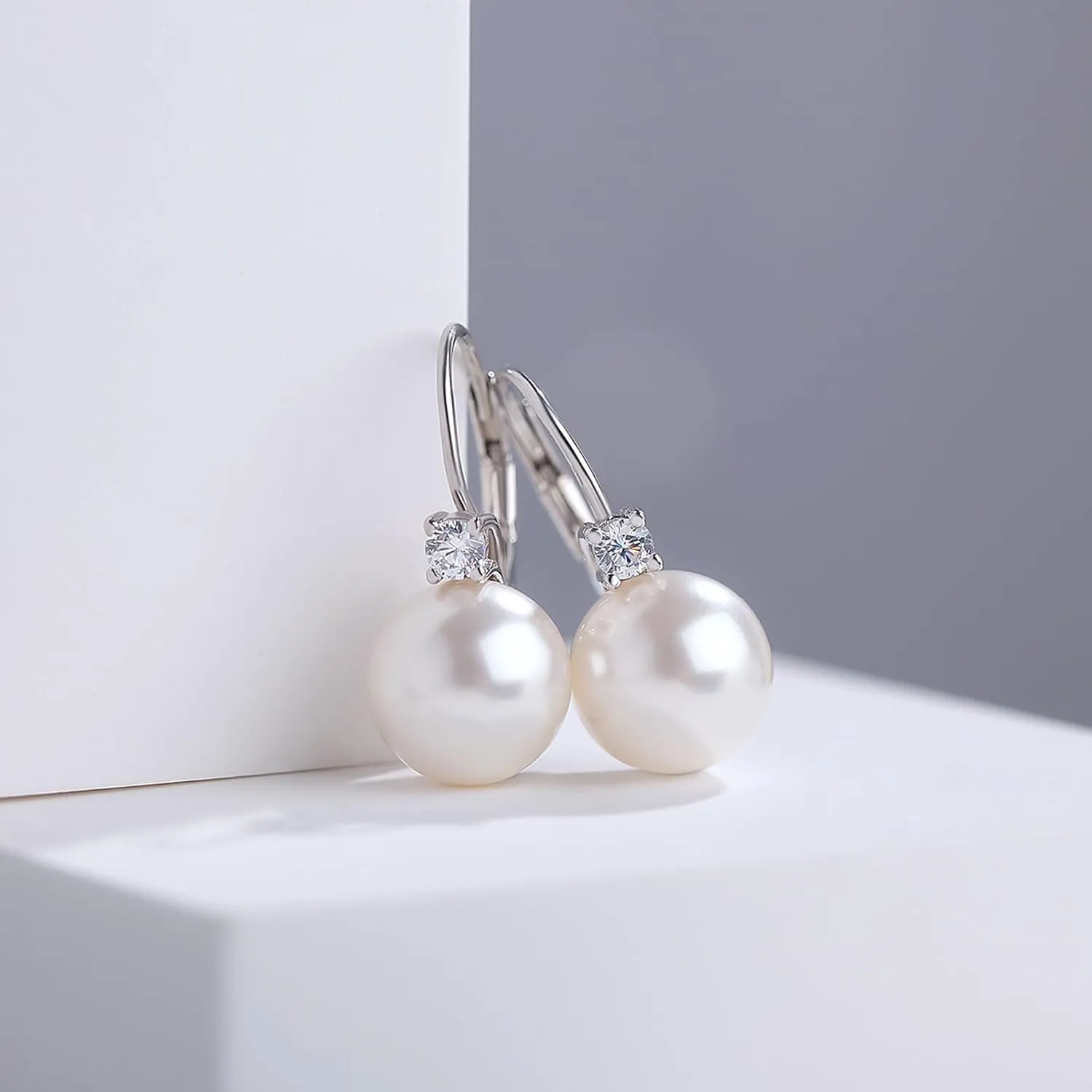 Pearl Dangle Drop Earrings for Women 925 Sterling Silver Pearl Leverback Earrings Cubic Zirconia Pearl Dangling Earrings 10MM