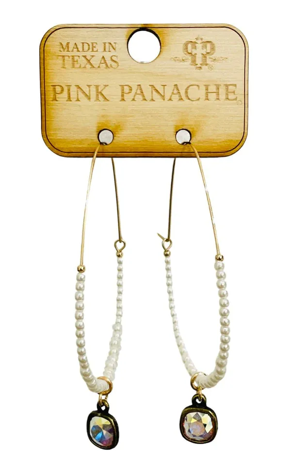 Pink Panache Gold Wire and Tiny Pearl Hoop Earring with 8mm Bronze/AB Cushion Cut Drop