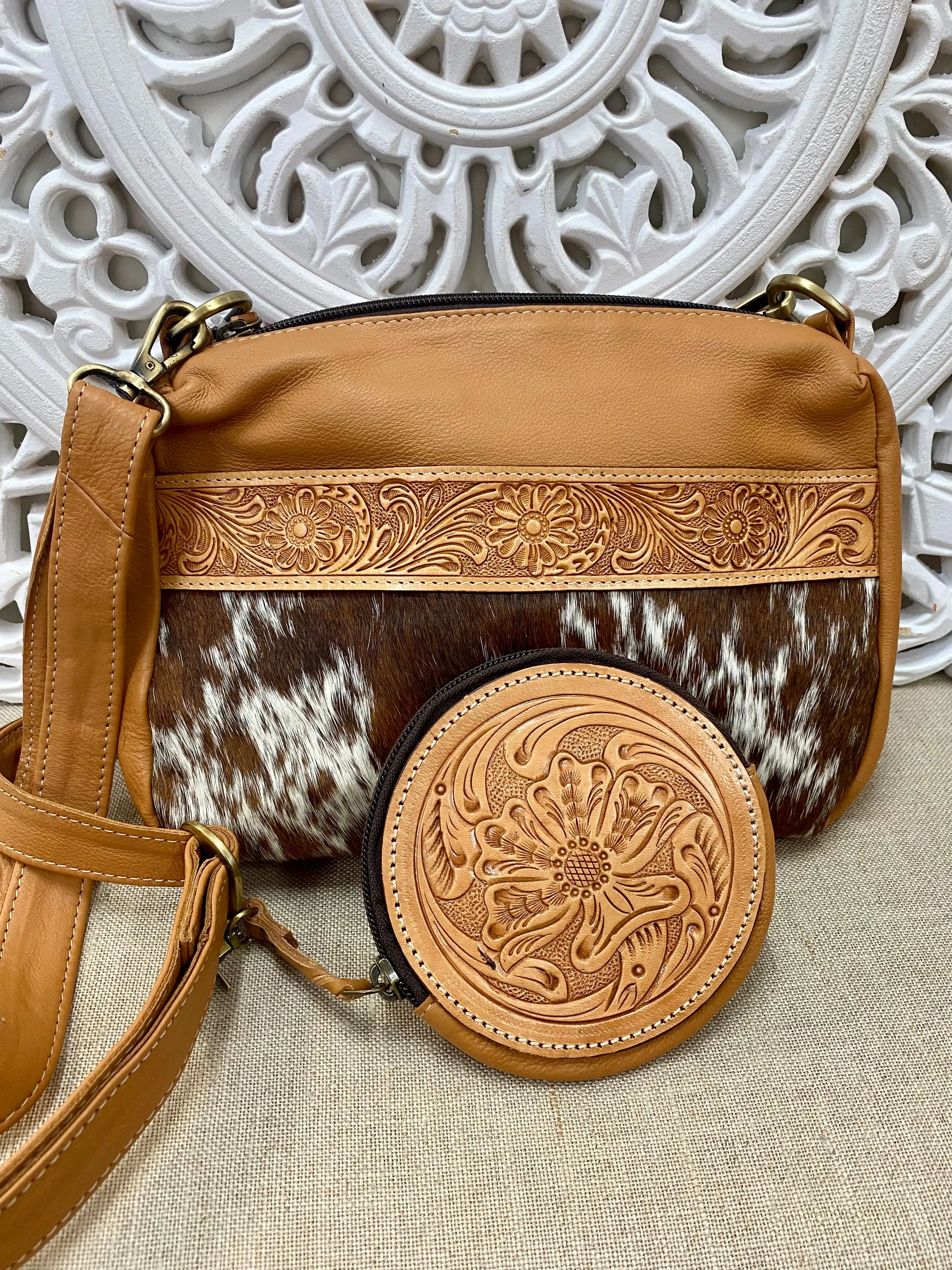 Punata Tooling Leather Camera Bag with Coin Purse  Tan