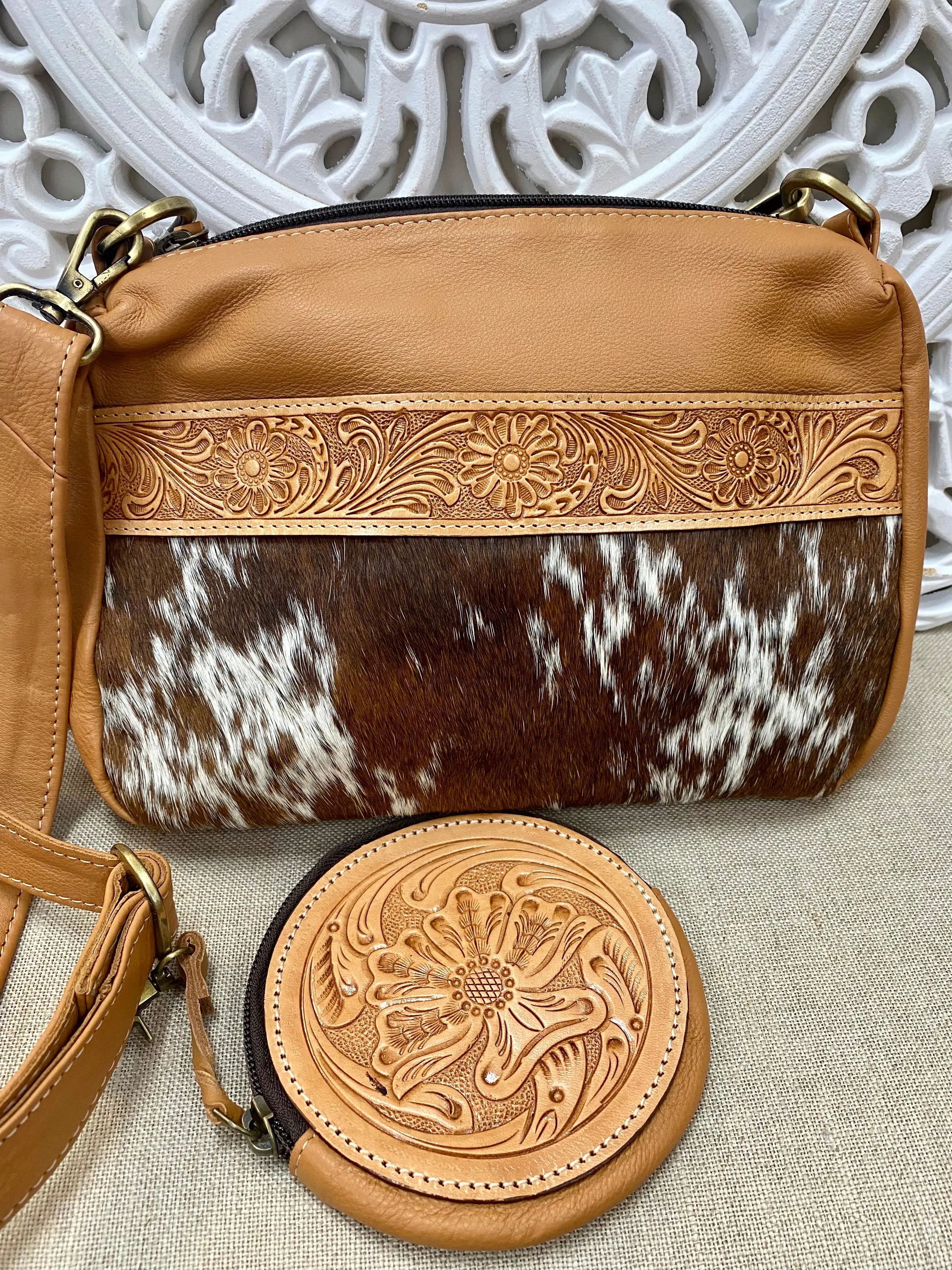 Punata Tooling Leather Camera Bag with Coin Purse  Tan