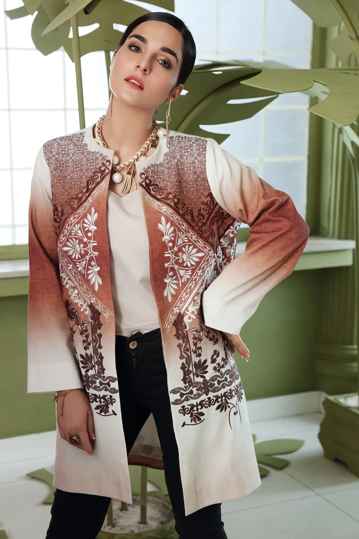 PW20-88 Embroidered Stitched Cotton Karandi Jacket with Mask - 1PC
