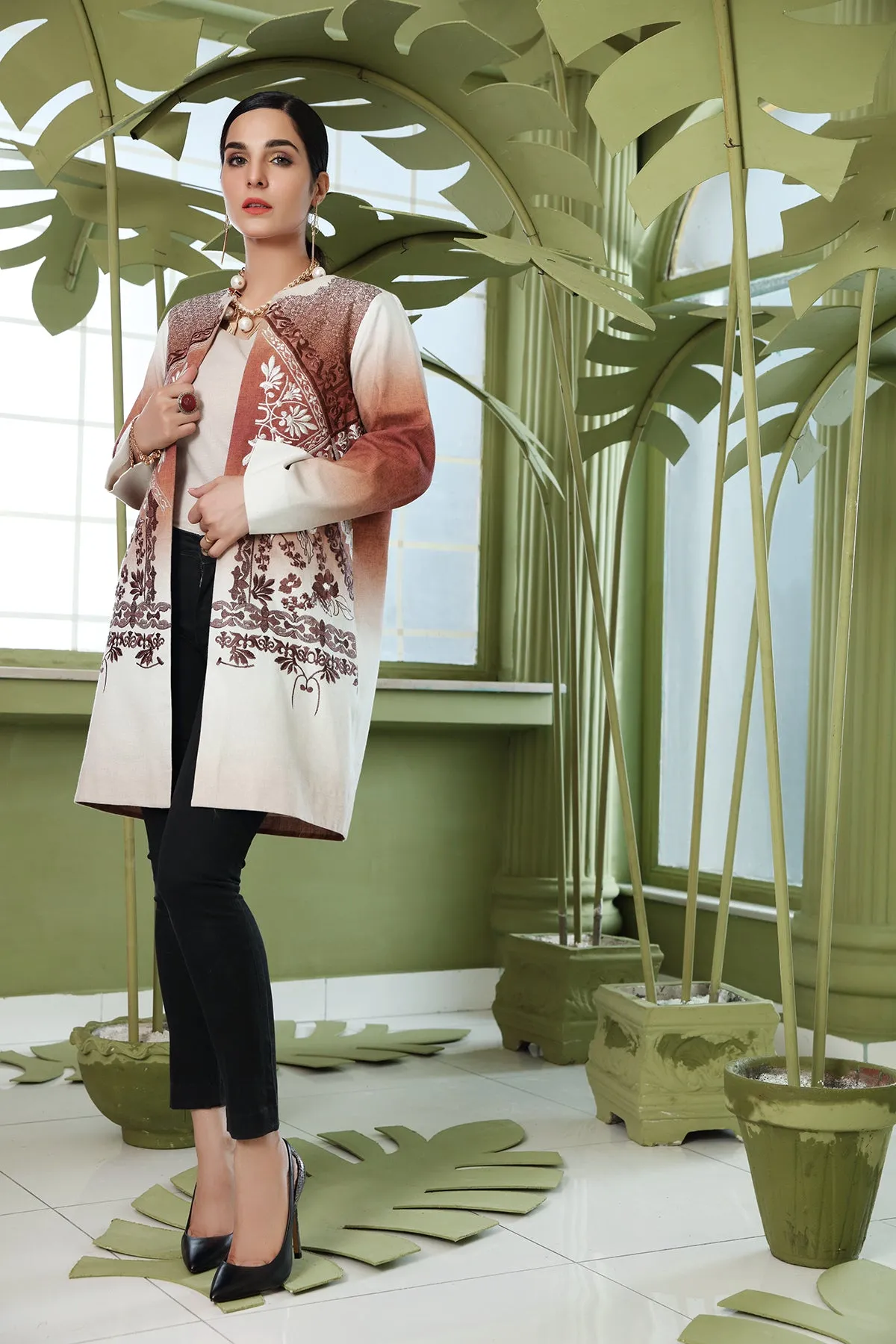 PW20-88 Embroidered Stitched Cotton Karandi Jacket with Mask - 1PC