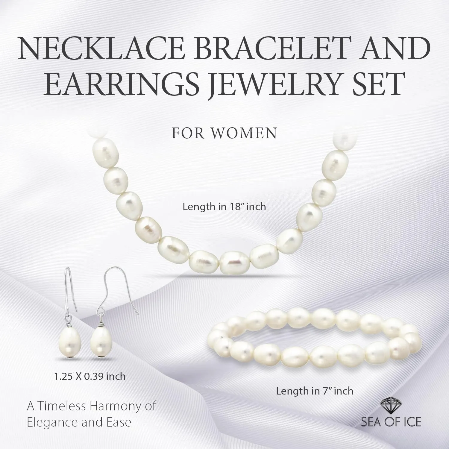 SEA OF ICE 925 Sterling Silver Freshwater Cultured Pearl Necklace Bracelet and Earrings Jewelry Set for Women