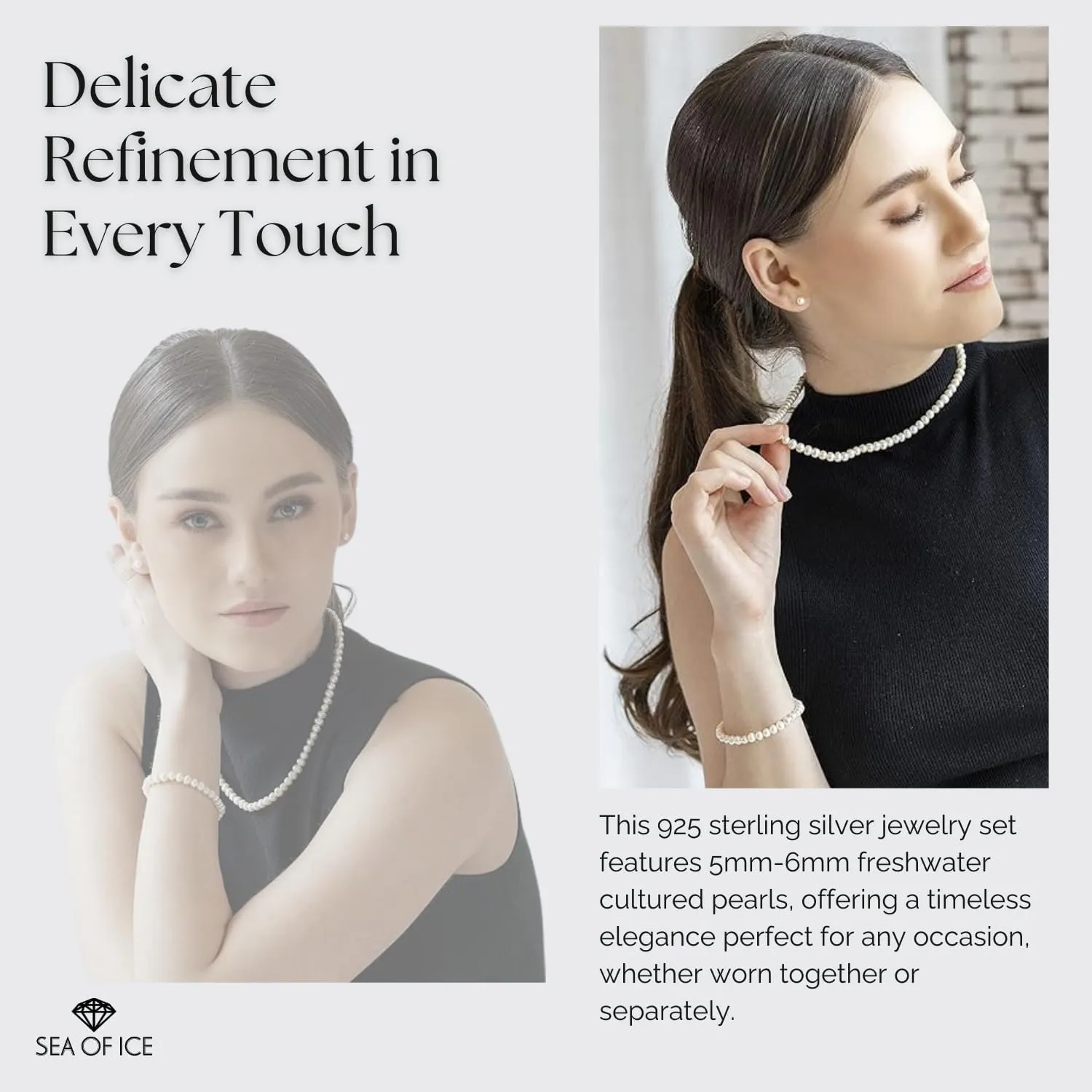 SEA OF ICE 925 Sterling Silver Freshwater Cultured Pearl Necklace Bracelet and Earrings Jewelry Set for Women
