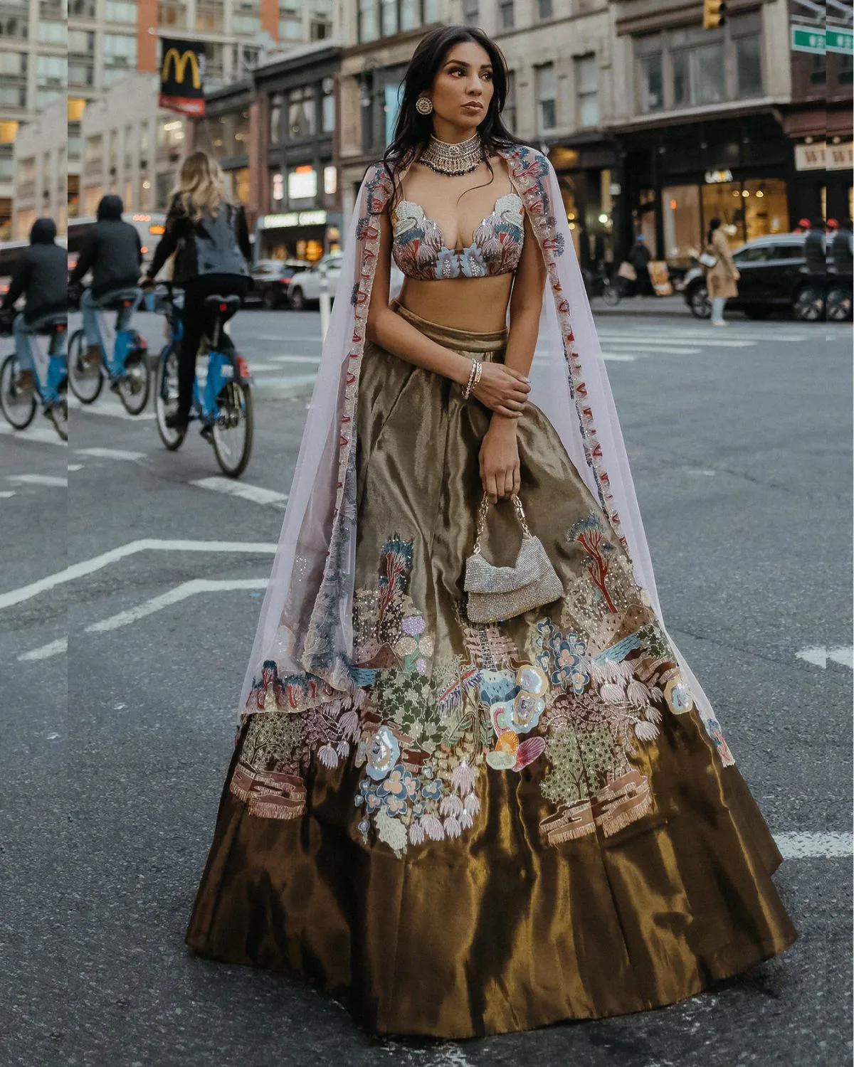 Two Tone Antique Gold Tissue Appliqu Lehenga Set
