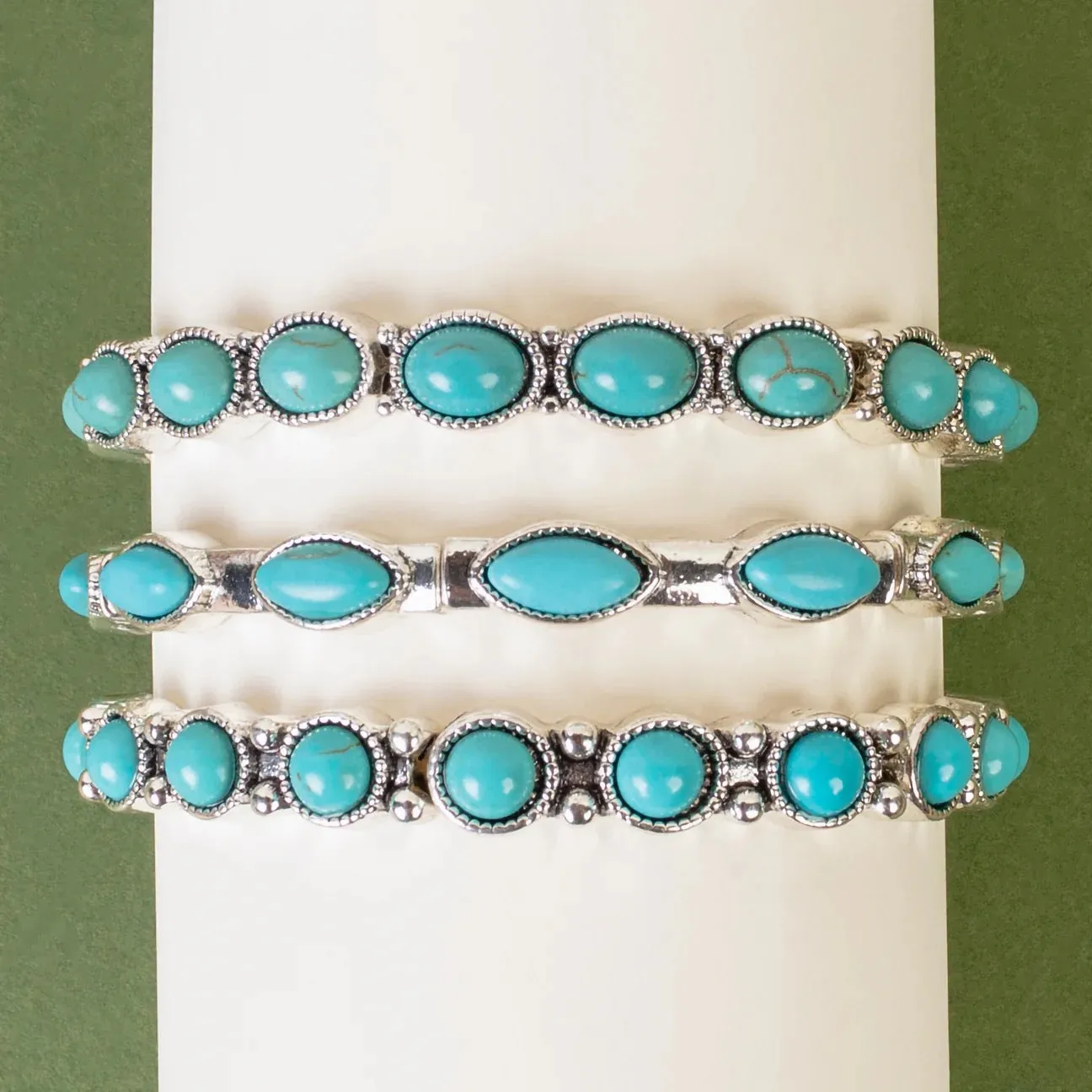Western Stone-Accented Silver Bangle Bracelets - Pink or Turquoise (Set of 3)