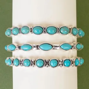 Western Stone-Accented Silver Bangle Bracelets - Pink or Turquoise (Set of 3)