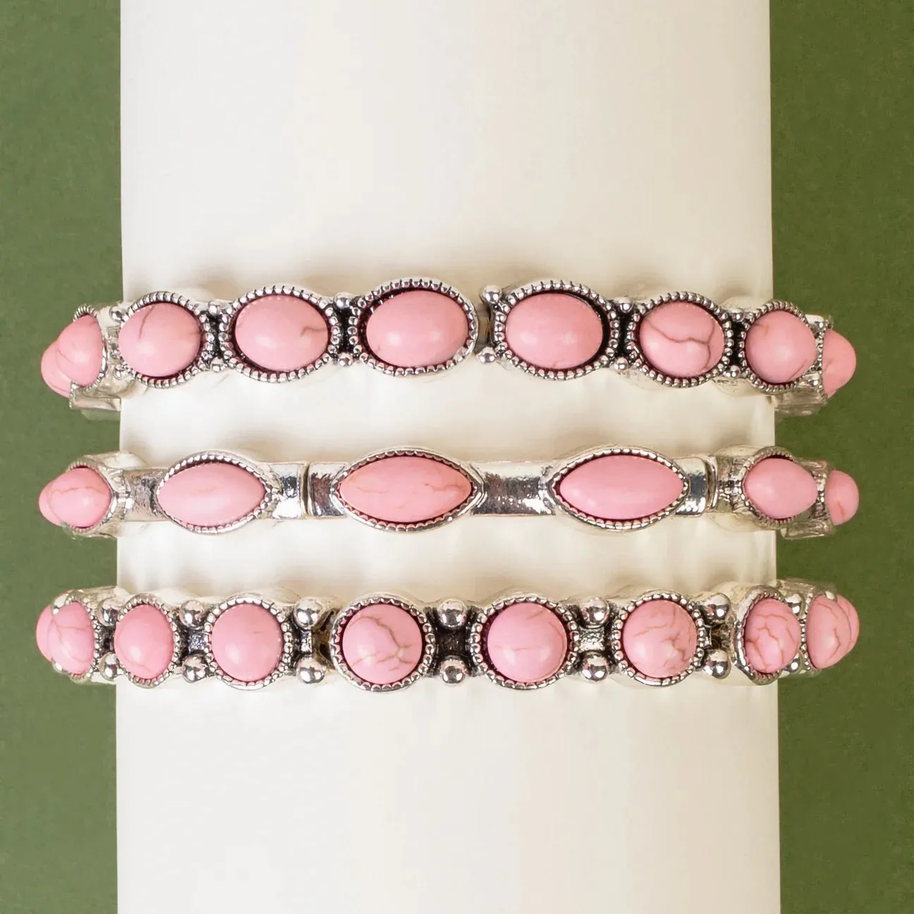 Western Stone-Accented Silver Bangle Bracelets - Pink or Turquoise (Set of 3)
