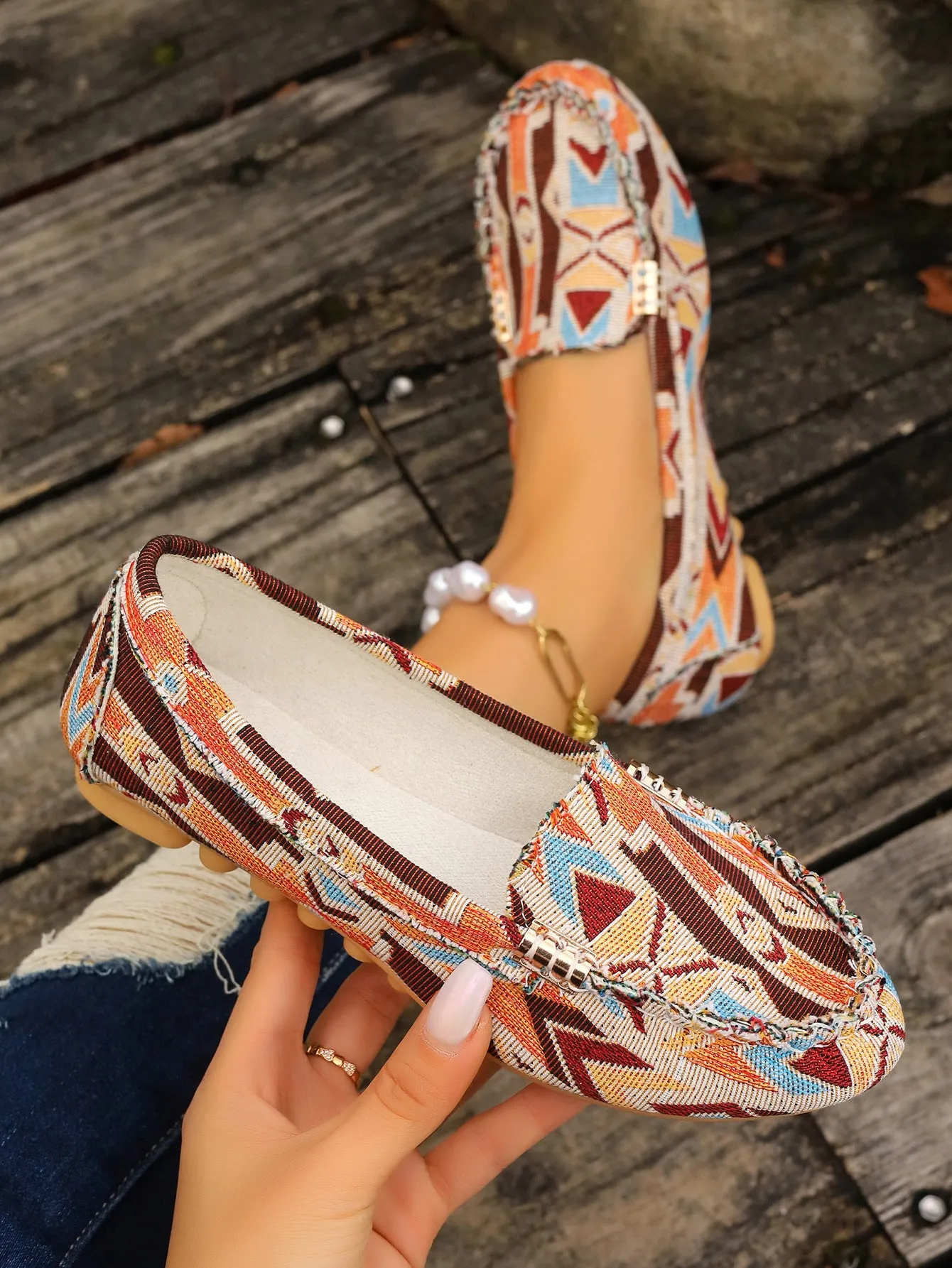 Women multi color pattern flat shoes Ethnic fabric Low Cut Breathable Lazy Work Shoes