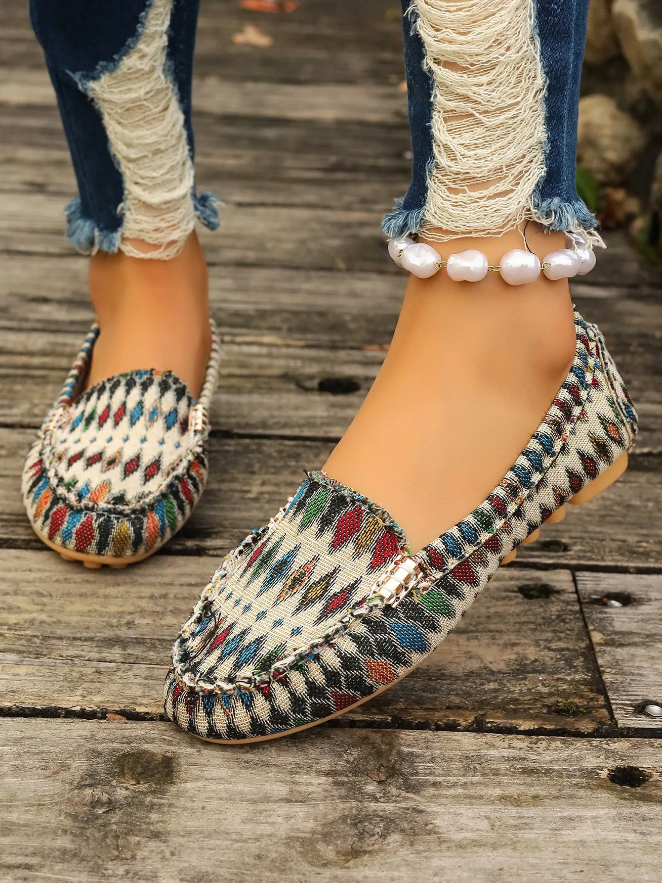 Women multi color pattern flat shoes Ethnic fabric Low Cut Breathable Lazy Work Shoes