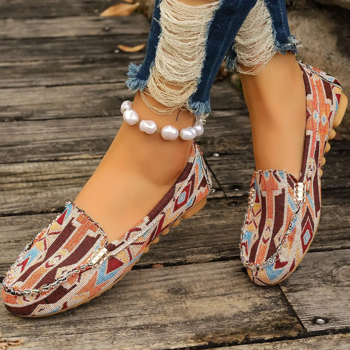 Women multi color pattern flat shoes Ethnic fabric Low Cut Breathable Lazy Work Shoes
