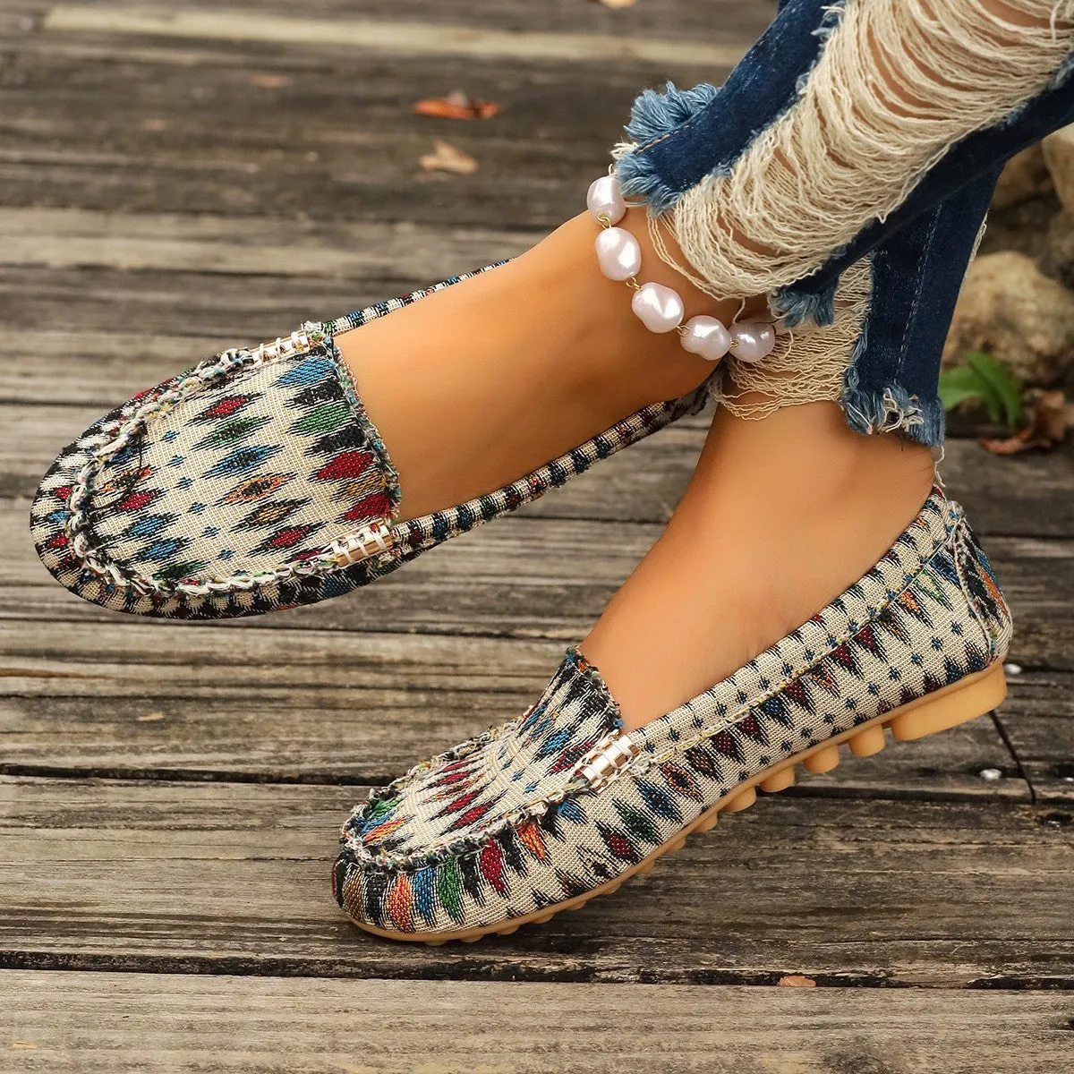 Women multi color pattern flat shoes Ethnic fabric Low Cut Breathable Lazy Work Shoes