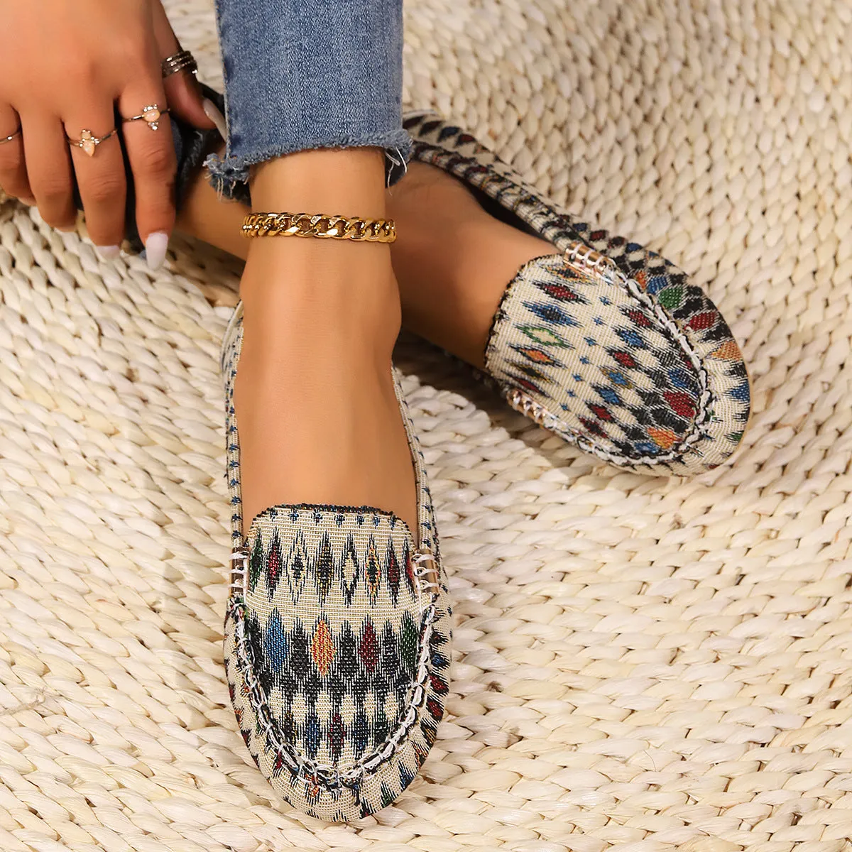 Women multi color pattern flat shoes Ethnic fabric Low Cut Breathable Lazy Work Shoes