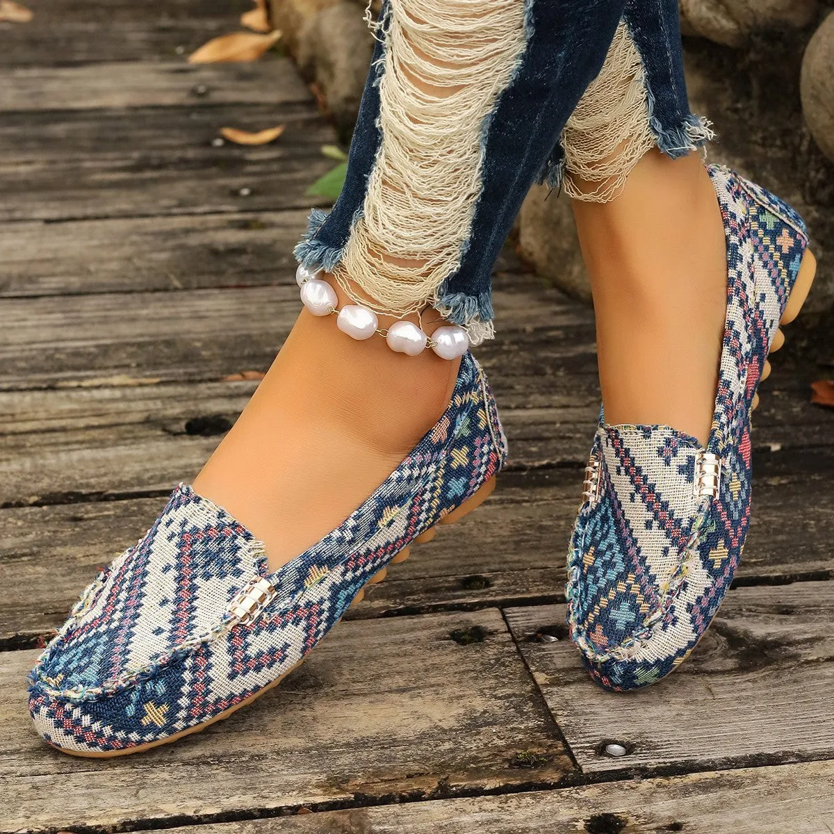 Women multi color pattern flat shoes Ethnic fabric Low Cut Breathable Lazy Work Shoes