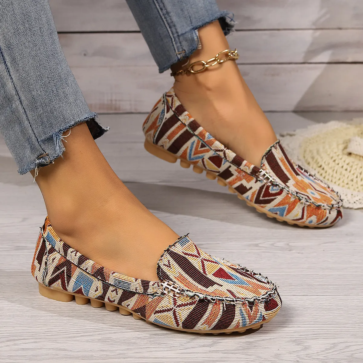 Women multi color pattern flat shoes Ethnic fabric Low Cut Breathable Lazy Work Shoes